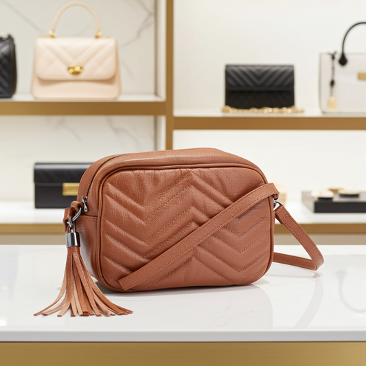 Bolsa Crossbody Feminina em Couro Matelassê com Tassel Caramelo