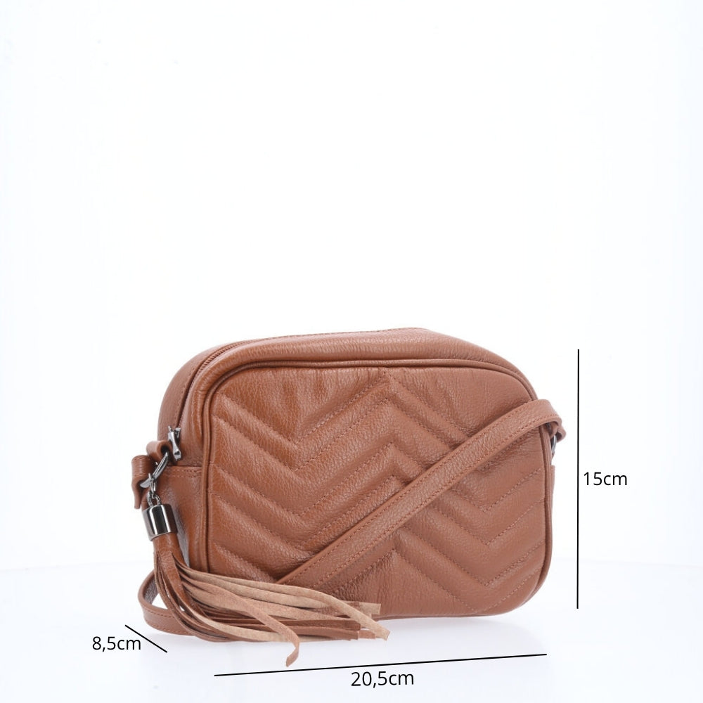 Bolsa Crossbody Feminina em Couro Matelassê com Tassel Caramelo