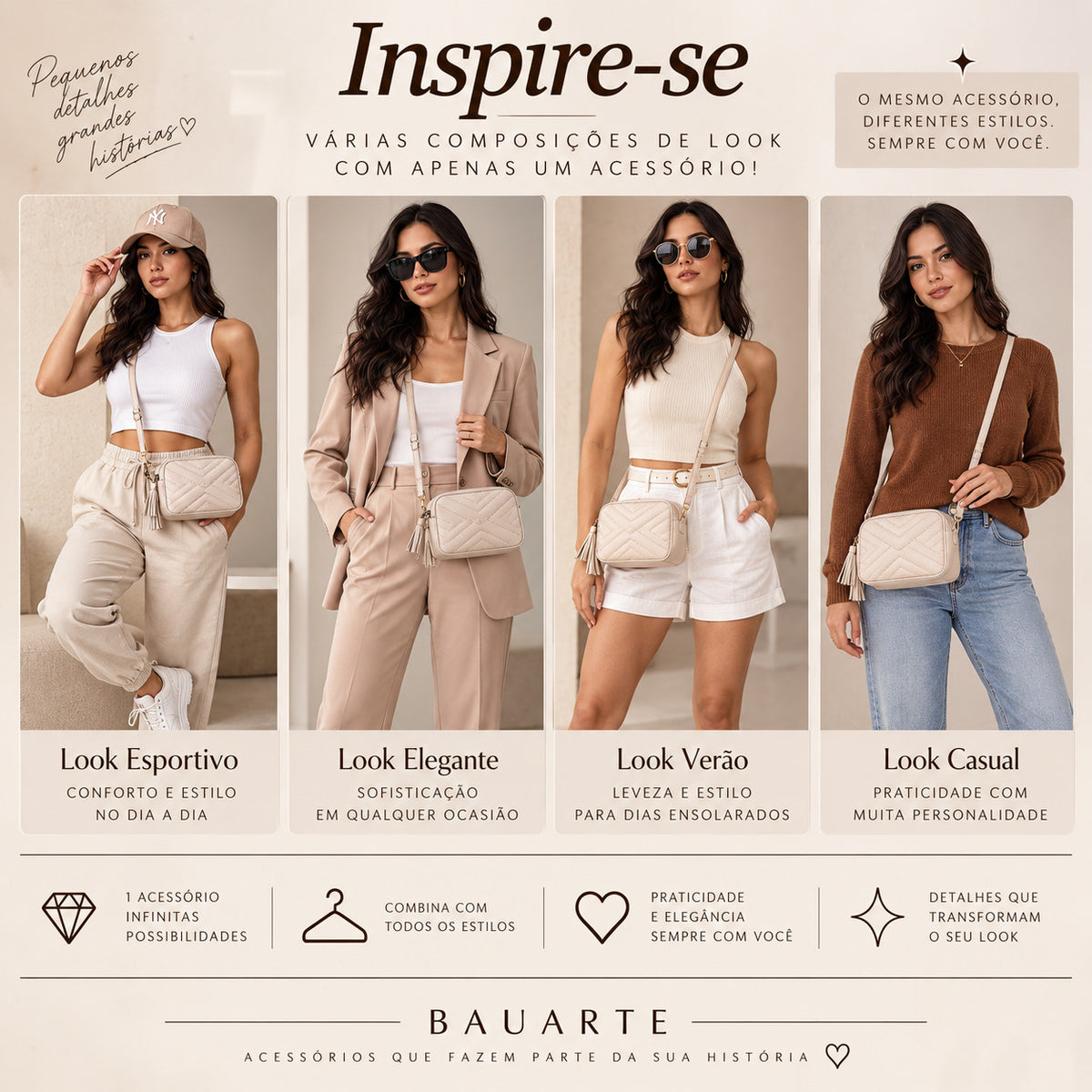 Bolsa Crossbody Feminina em Couro Matelassê com Tassel Marfim
