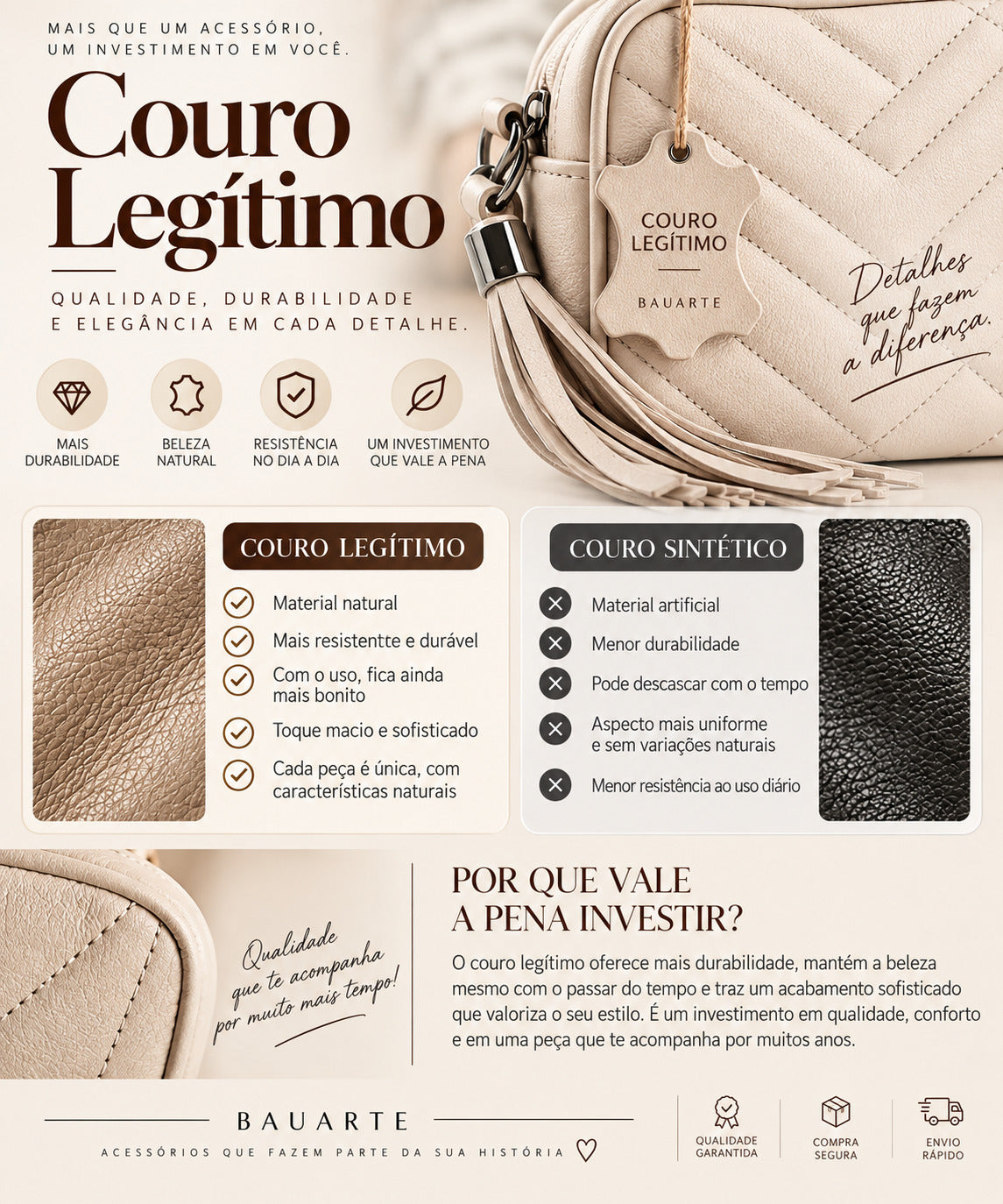 Bolsa Crossbody Feminina em Couro Matelassê com Tassel Marfim