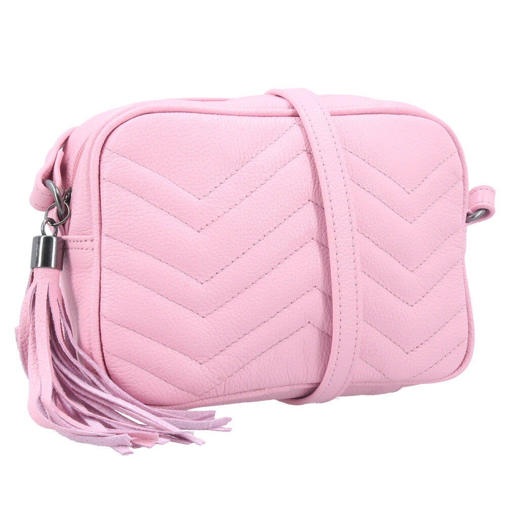 Bolsa Crossbody Feminina em Couro Matelassê com Tassel Rose
