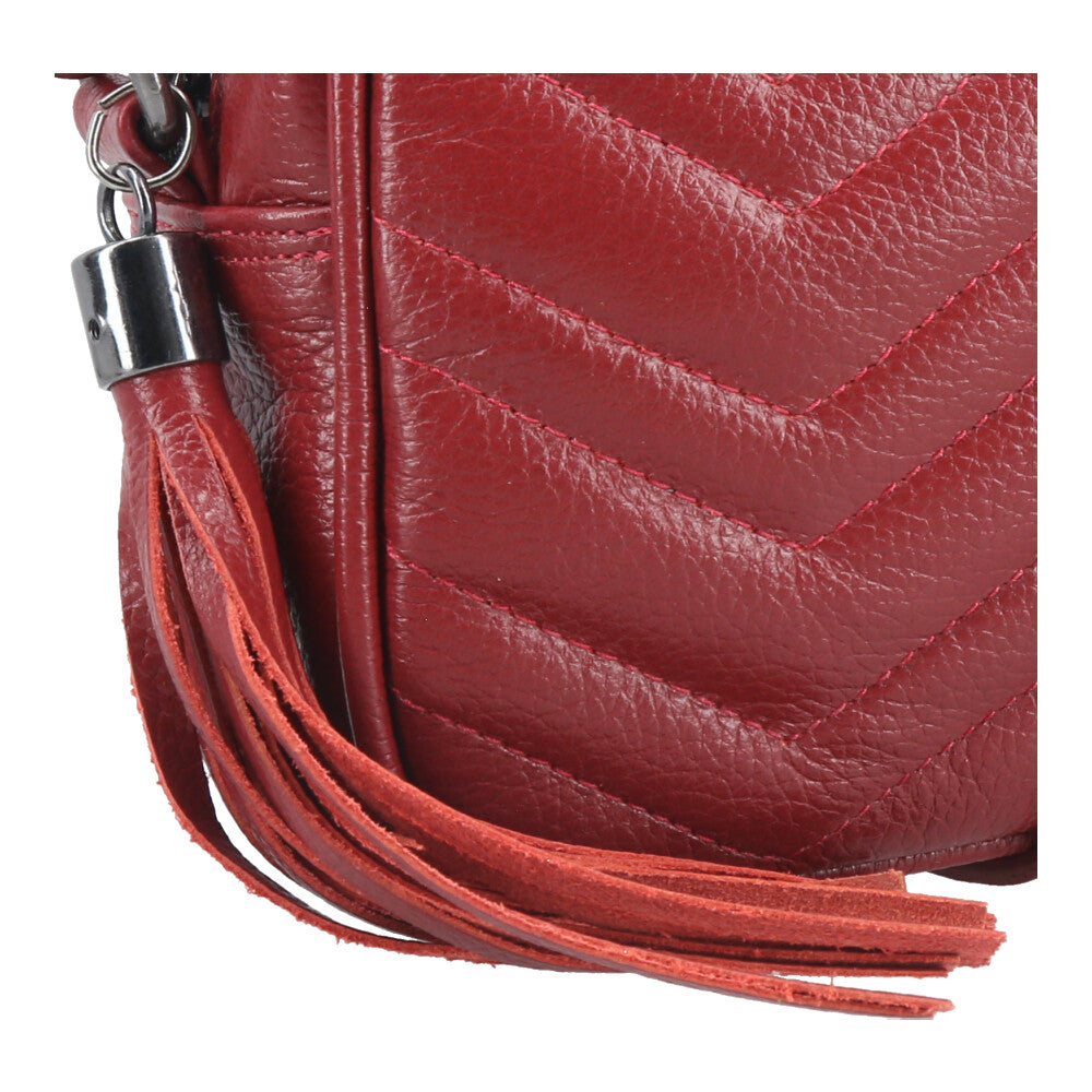 Bolsa Crossbody Feminina em Couro Matelassê com Tassel Vermelho escuro