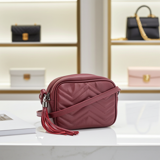 Bolsa Crossbody Feminina em Couro Matelassê com Tassel Vinho