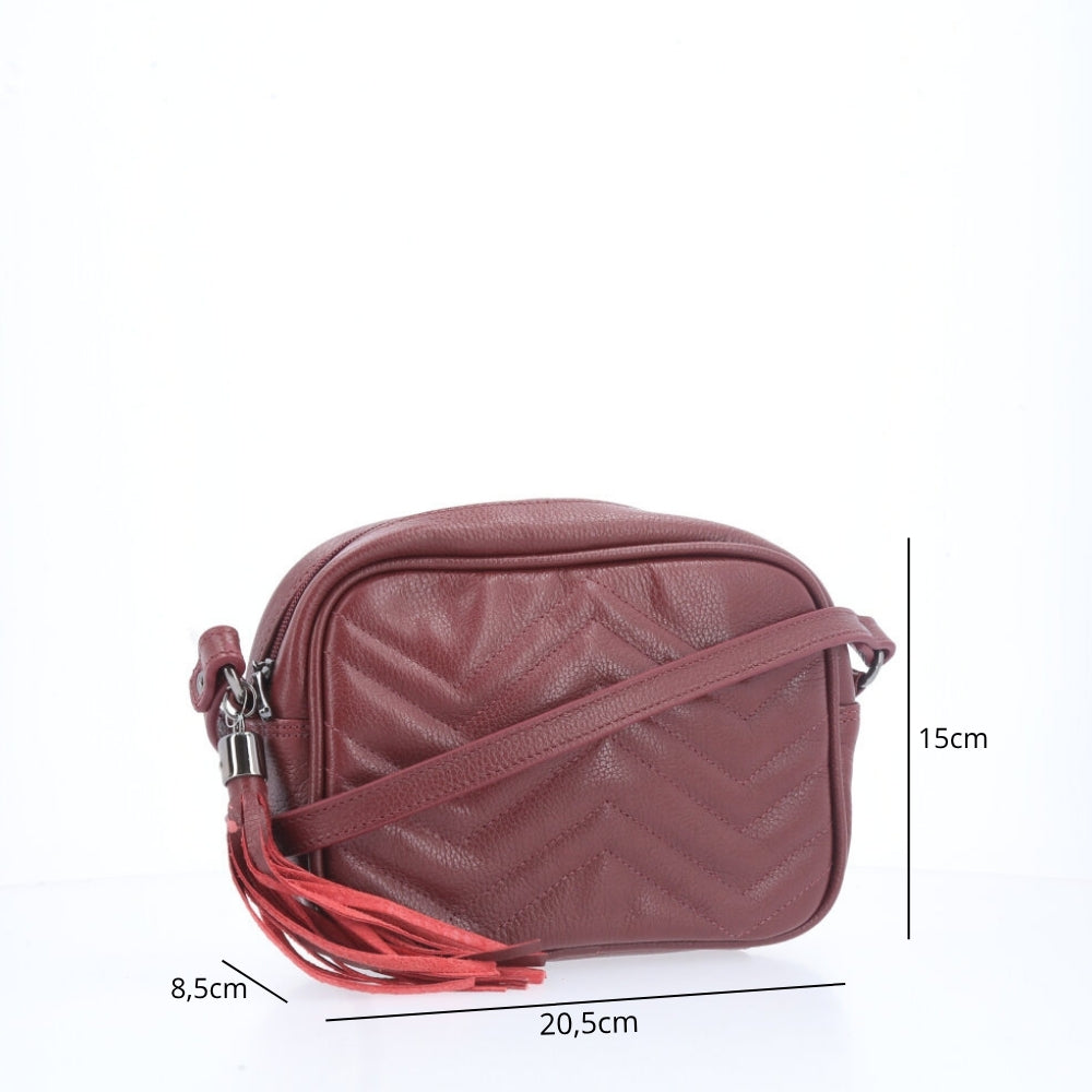 Bolsa Crossbody Feminina em Couro Matelassê com Tassel Vinho