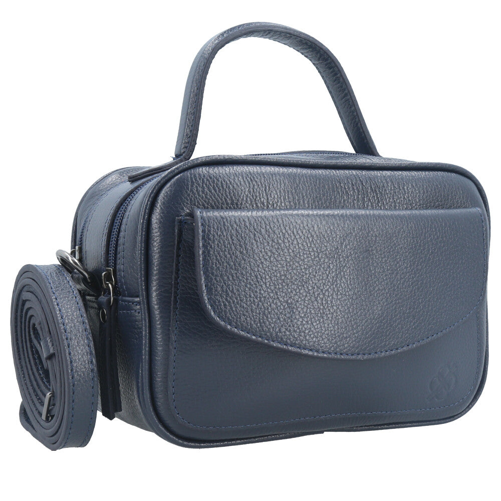 Bolsa Baú Mini em Couro com Alça Transversal Removível Azul escuro
