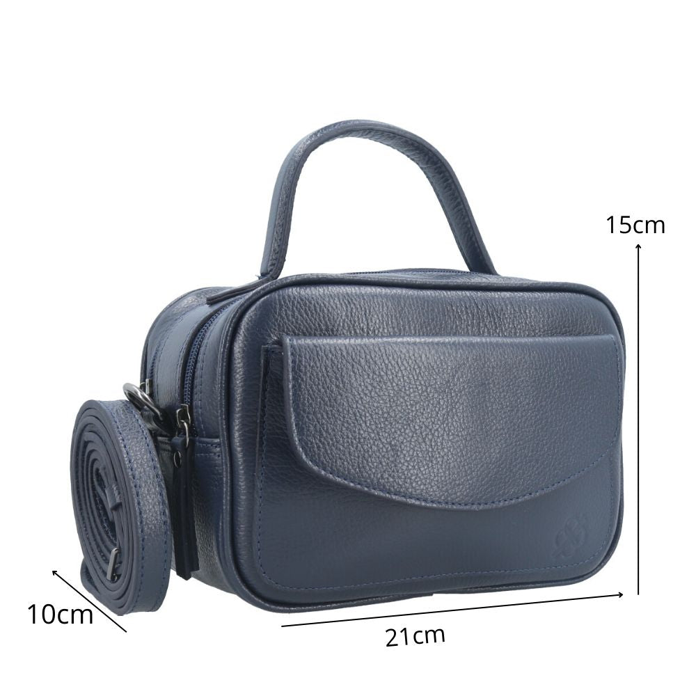 Bolsa Baú Mini em Couro com Alça Transversal Removível Azul escuro