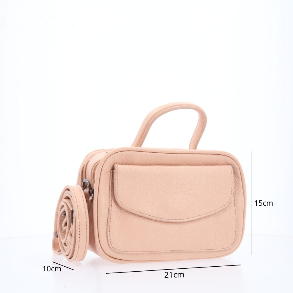 Bolsa Baú Mini em Couro com Alça Transversal Removível Bege claro