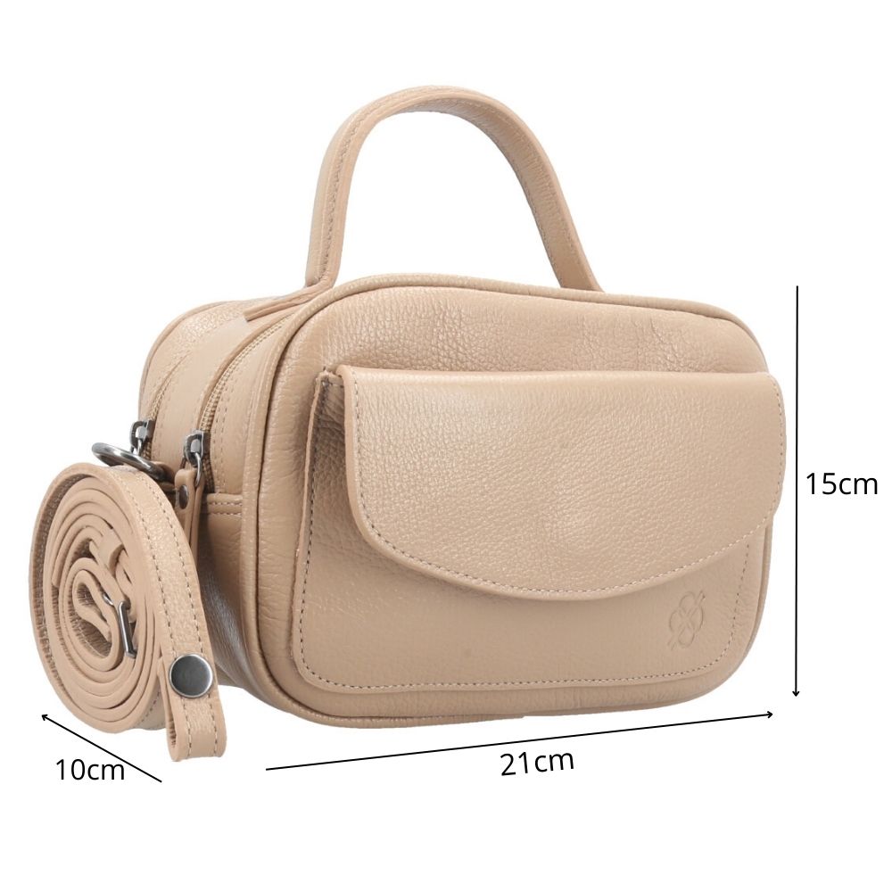 Bolsa Baú Mini em Couro com Alça Transversal Removível Bege escuro