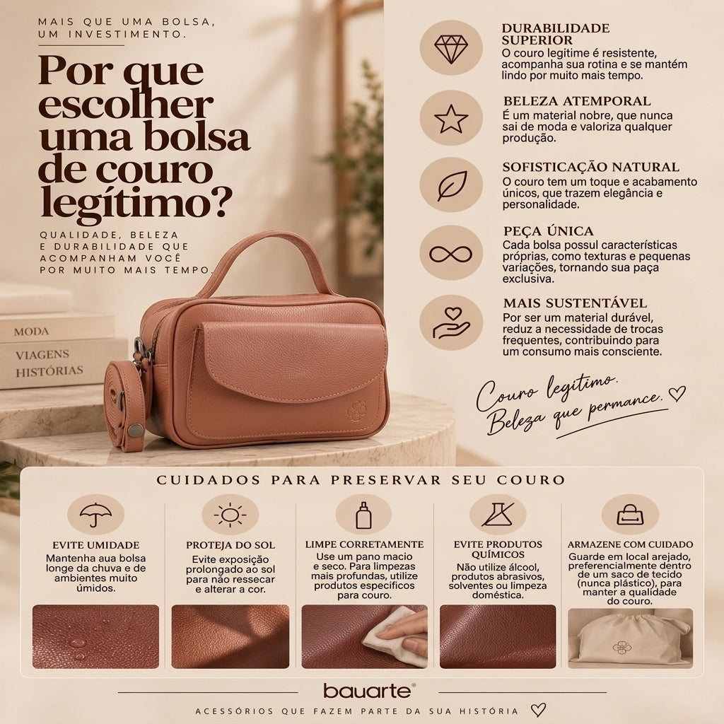 Bolsa Baú Mini em Couro com Alça Transversal Removível Caramelo
