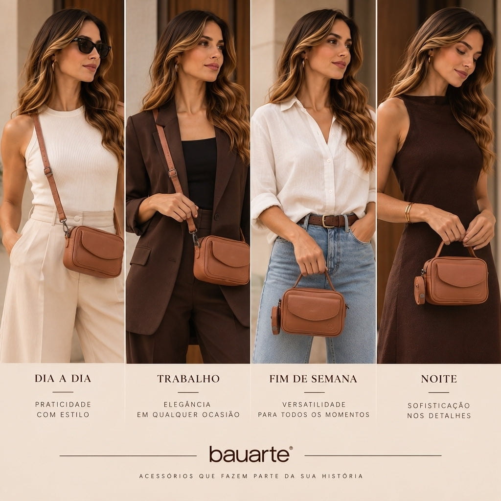Bolsa Baú Mini em Couro com Alça Transversal Removível Caramelo