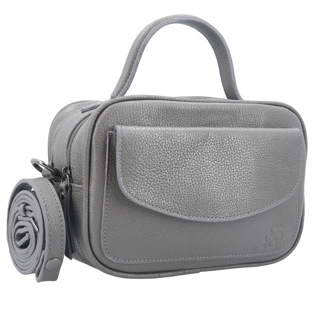 Bolsa Baú Mini em Couro com Alça Transversal Removível Cinza