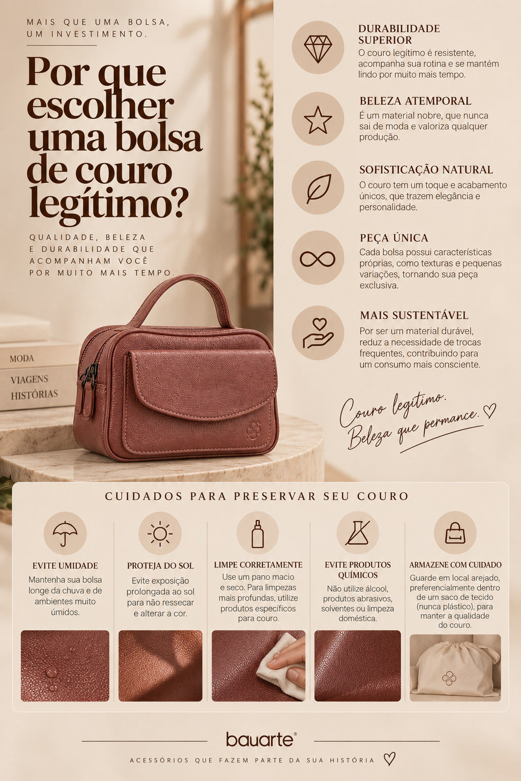 Bolsa Baú Mini em Couro com Alça Transversal Removível Marrom