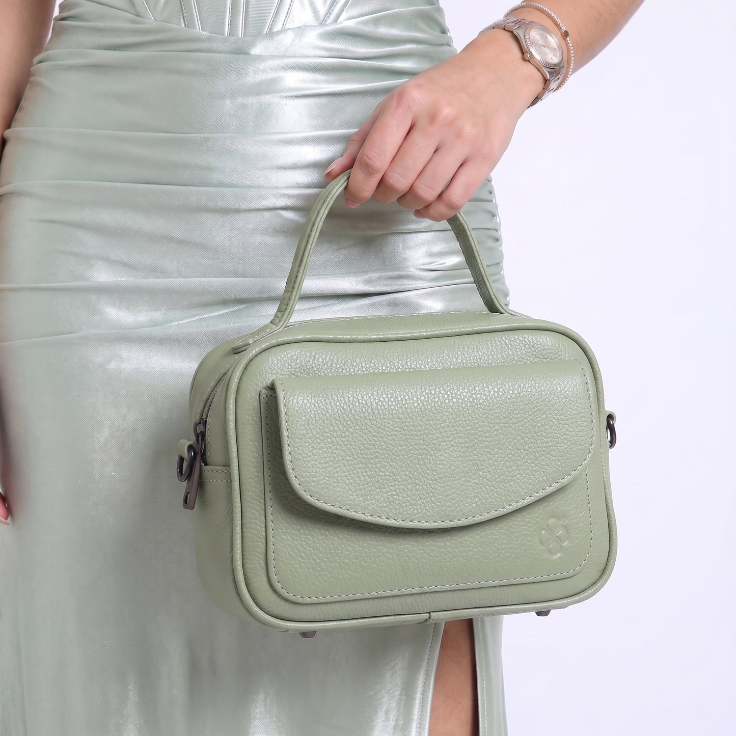 Bolsa Baú Mini em Couro com Alça Transversal Removível Verde claro