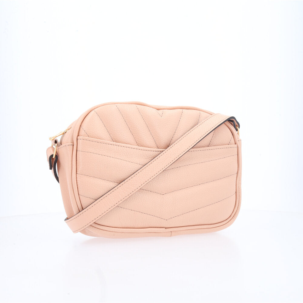 Bolsa Feminina de Couro Tiracolo – Pequena com Textura Matelassê Bege claro