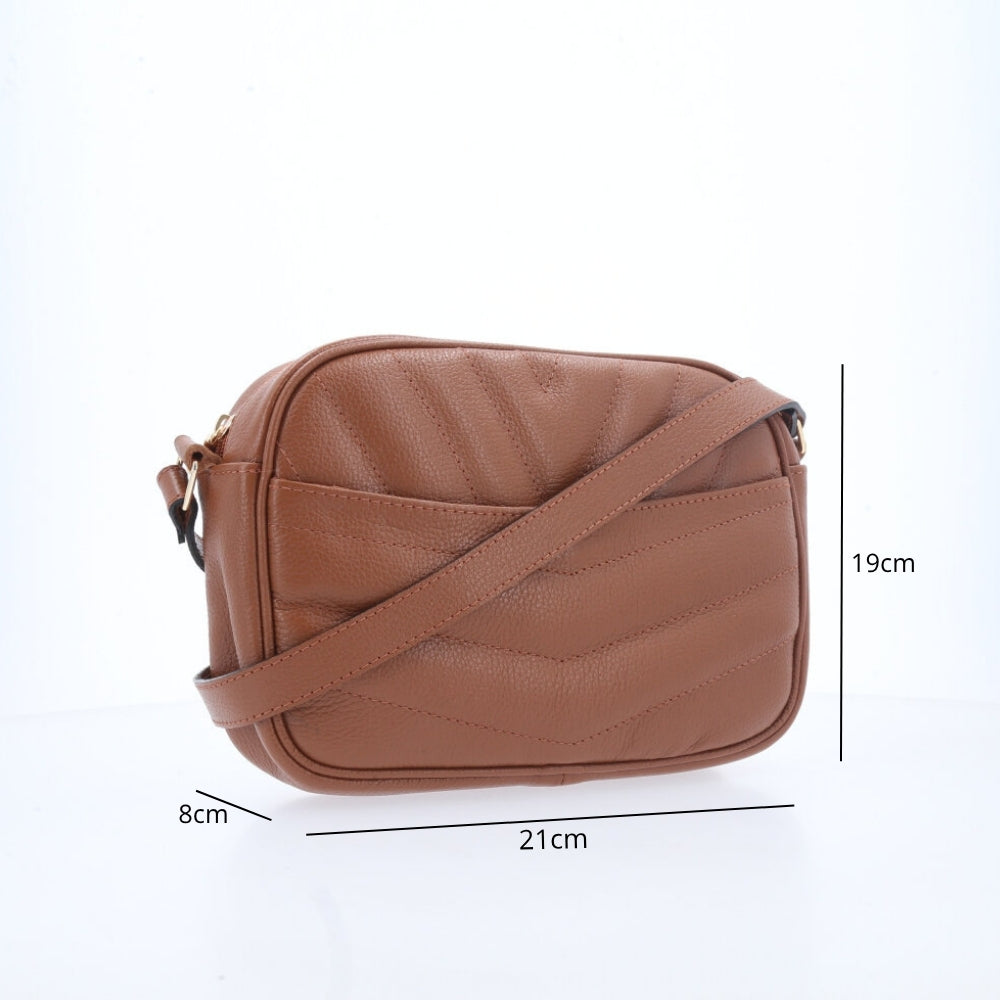 Bolsa Feminina de Couro Tiracolo – Pequena com Textura Matelassê Caramelo