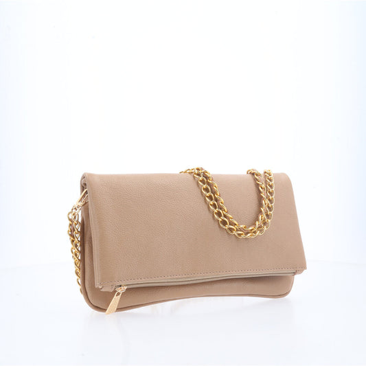 Bolsa Transversal Feminina em Couro com Alça de Corrente Bege