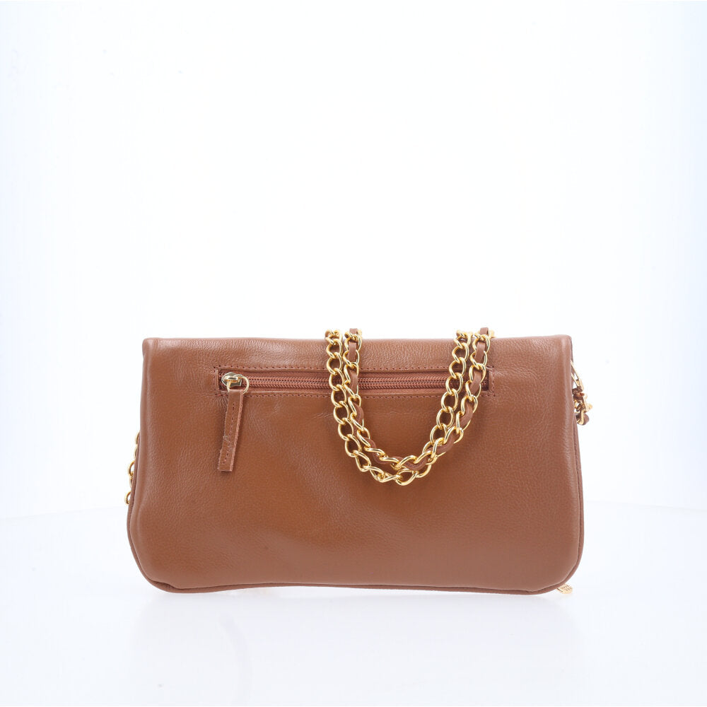 Bolsa Transversal Feminina em Couro com Alça de Corrente Caramelo