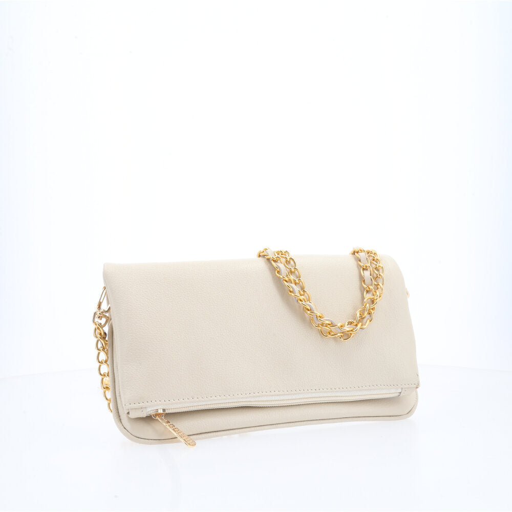 Bolsa Transversal Feminina em Couro com Alça de Corrente Marfim