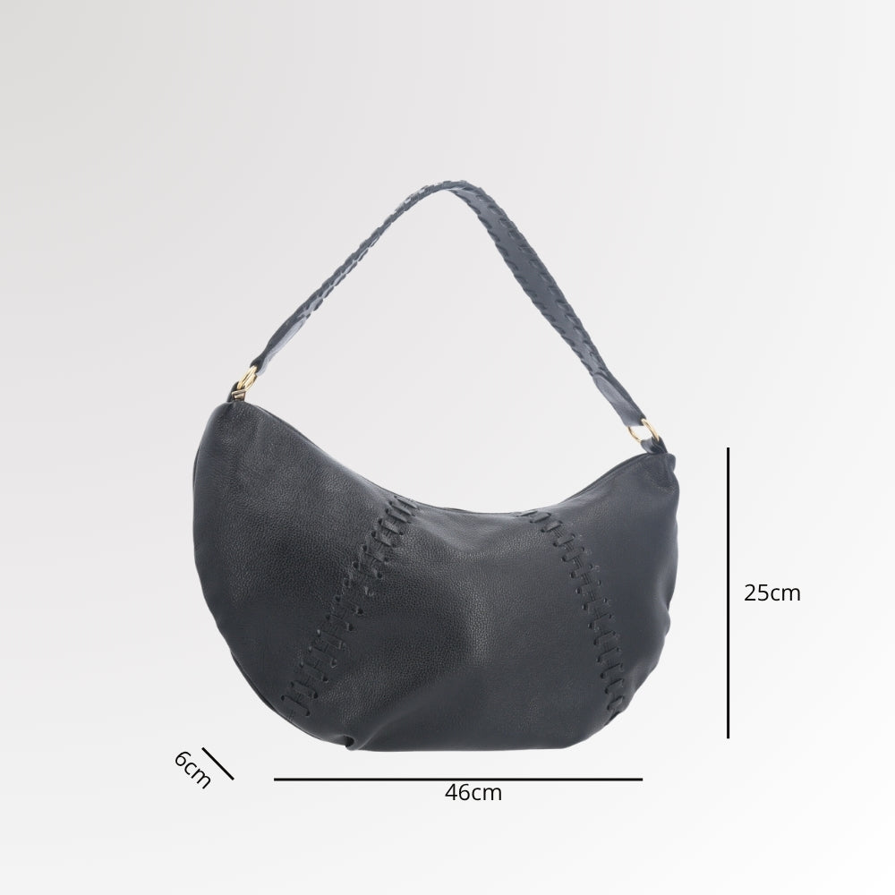 Bolsa de Ombro em Couro com Detalhe Artesanal Preto