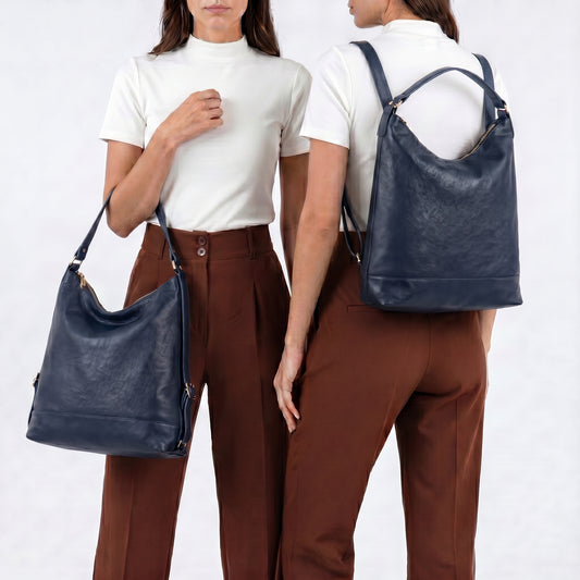 Bolsa de Couro Multifuncional que Converte em Mochila Azul escuro