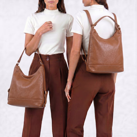 Bolsa de Couro Multifuncional que Converte em Mochila Caramelo