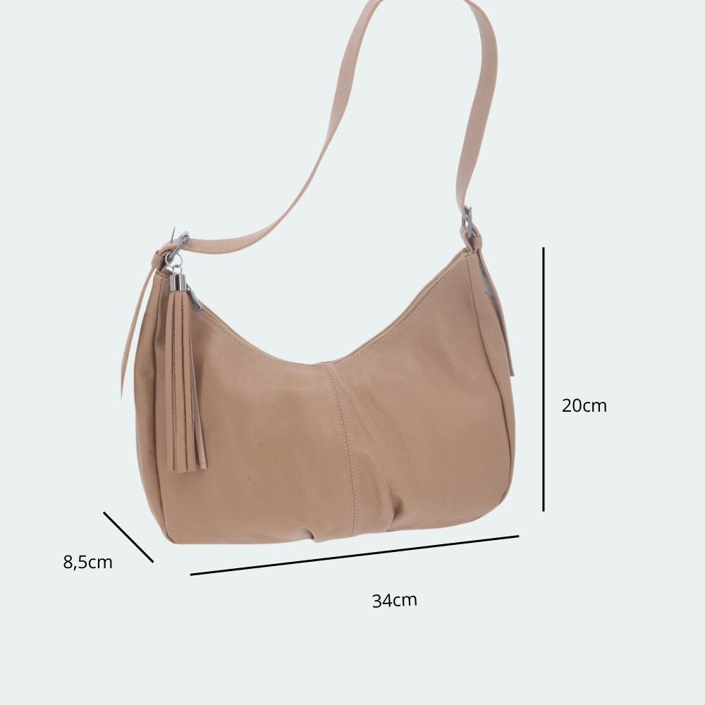 Bolsa Feminina de Couro Legítimo Transversal com Alça Média Bege