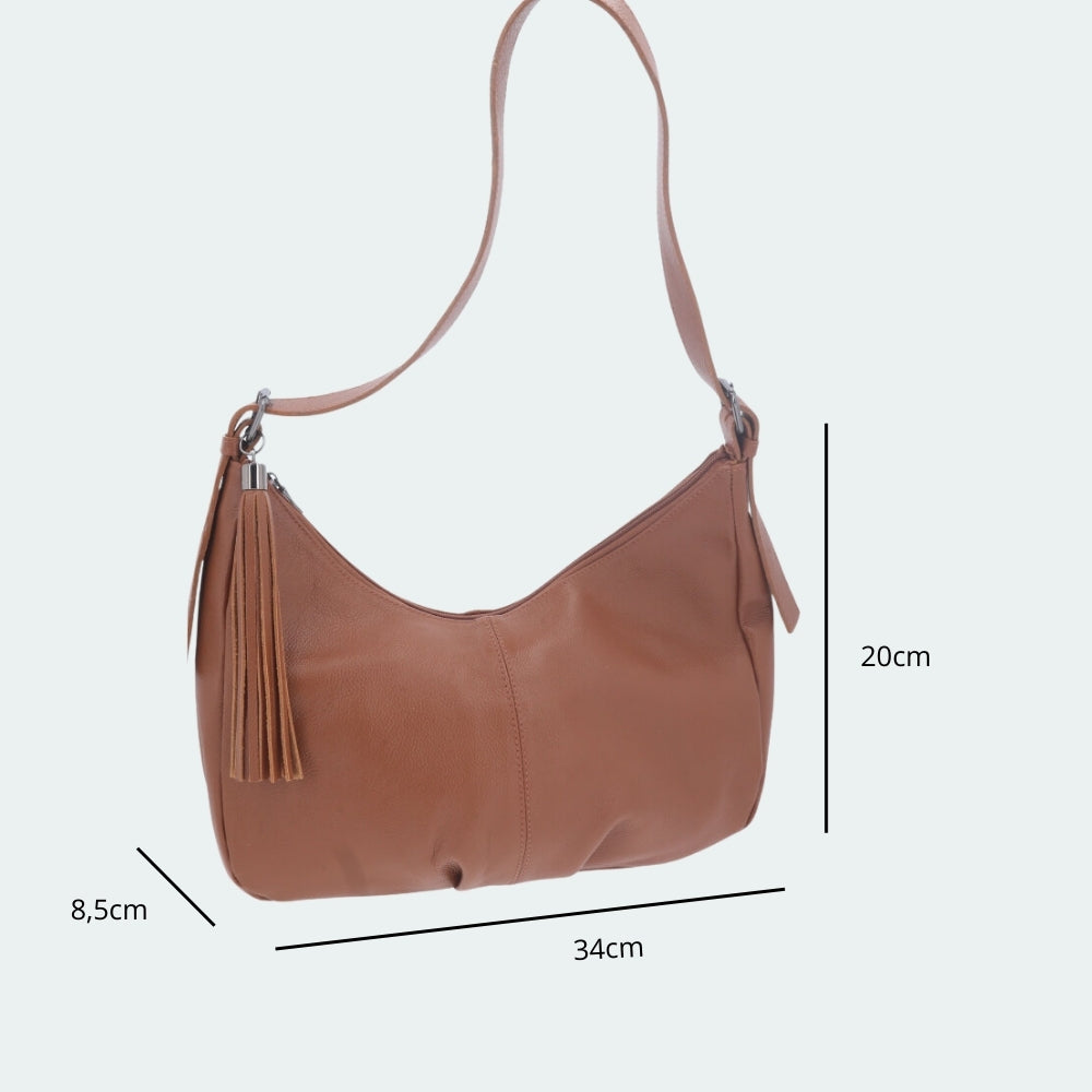 Bolsa Feminina de Couro Legítimo Transversal com Alça Média Caramelo