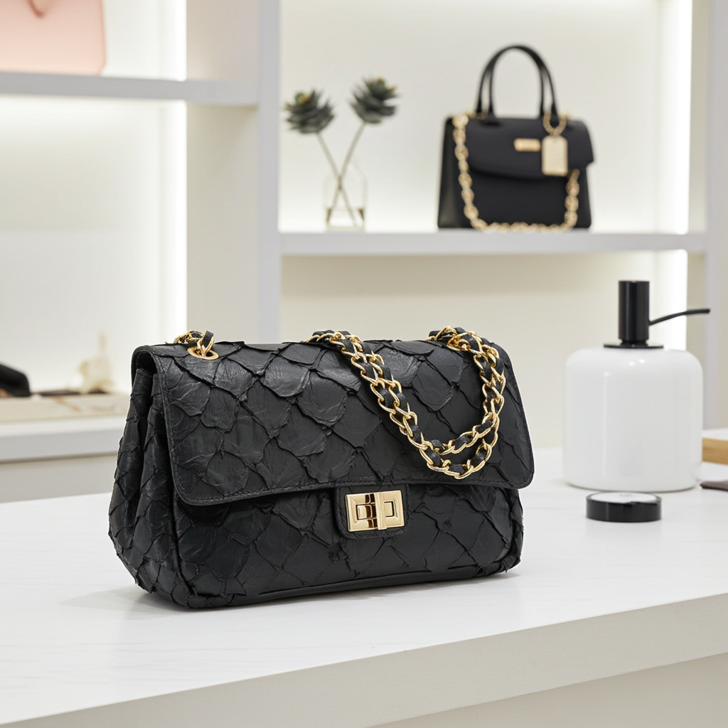 Bolsa de Ombro em Couro Legítimo de Pirarucu Preto