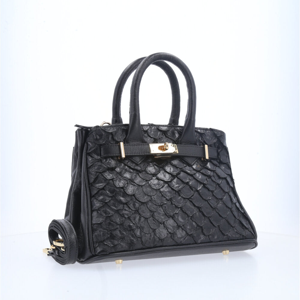Bolsa de Ombro Pirarucu com Metal Ouro Preto