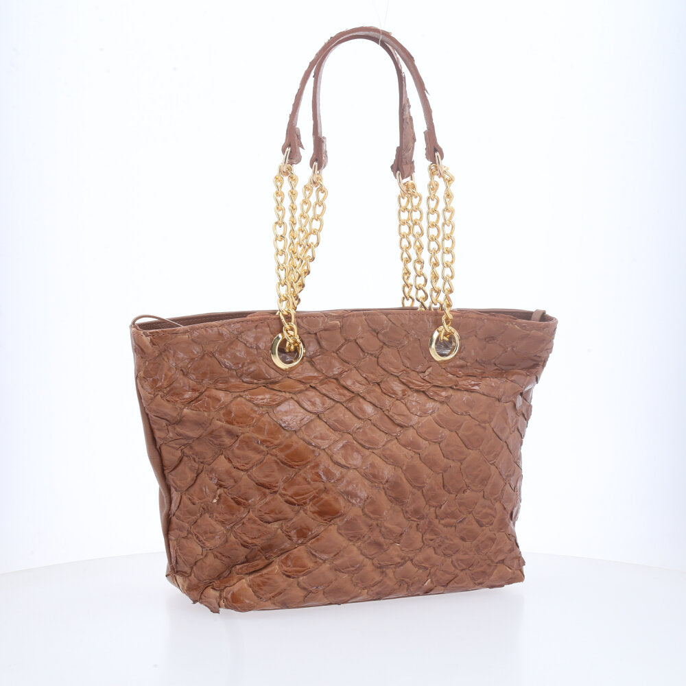 Bolsa de Couro Pirarucu com Alça Metal Dourada Caramelo