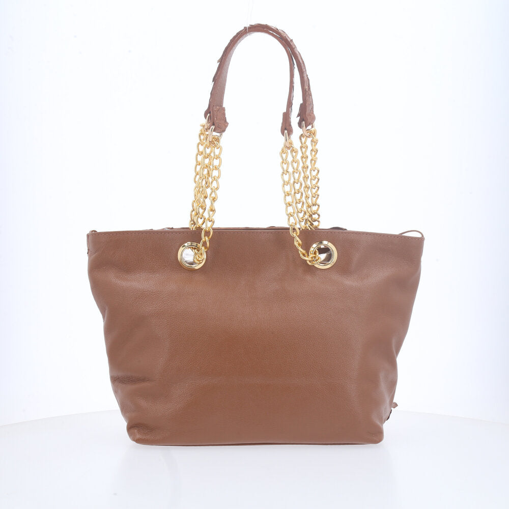 Bolsa de Couro Pirarucu com Alça Metal Dourada Caramelo