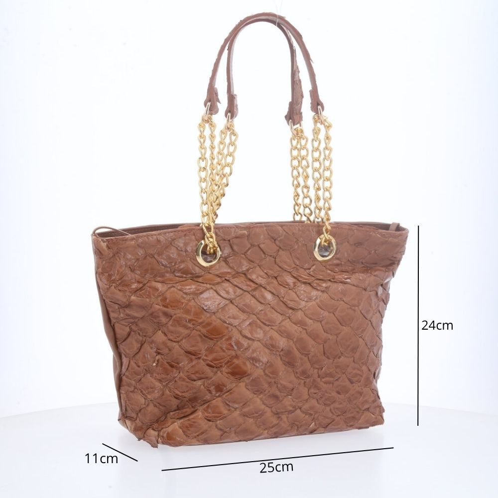 Bolsa de Couro Pirarucu com Alça Metal Dourada Caramelo