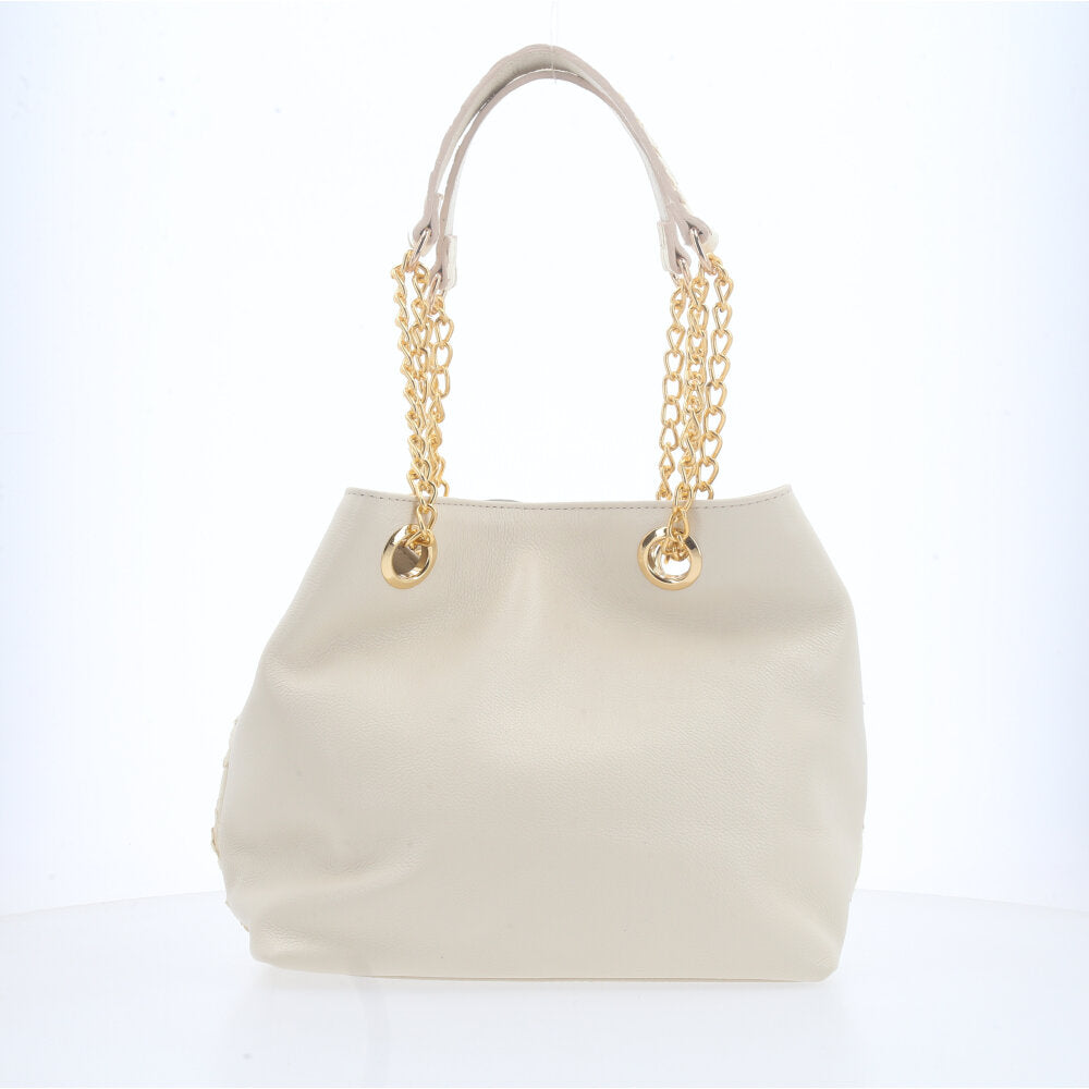 Bolsa de Couro Pirarucu com Alça Metal Dourada Marfim