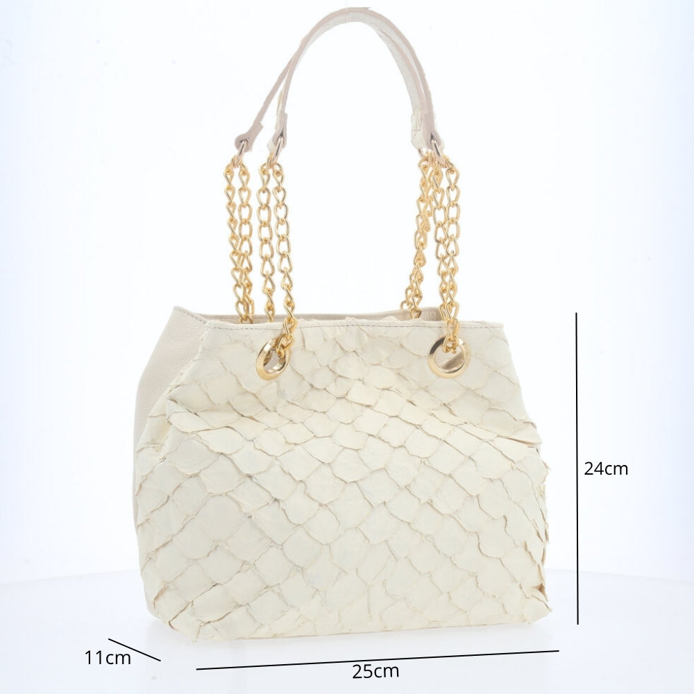 Bolsa de Couro Pirarucu com Alça Metal Dourada Marfim