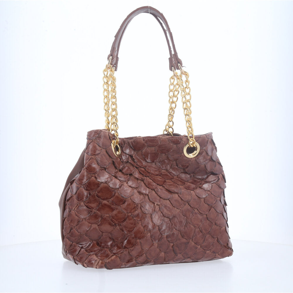 Bolsa de Couro Pirarucu com Alça Metal Dourada Marrom