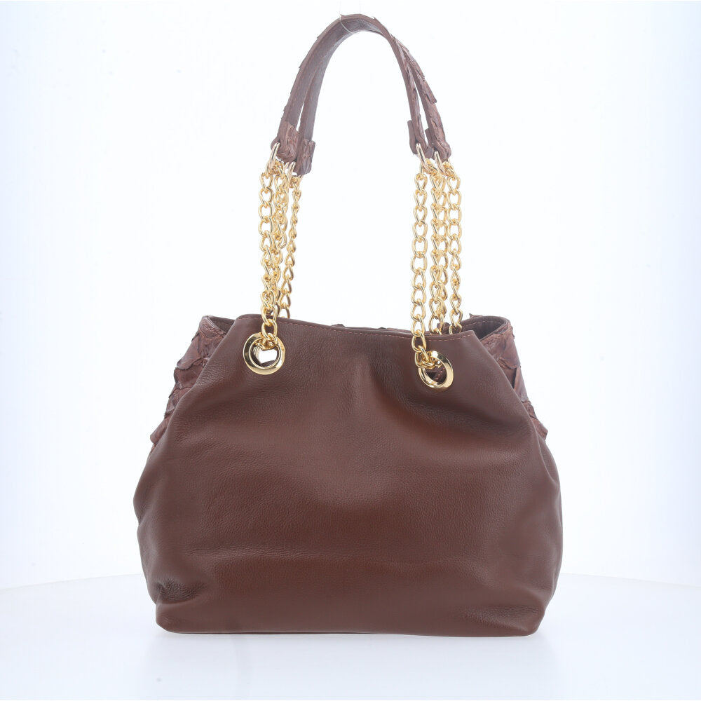 Bolsa de Couro Pirarucu com Alça Metal Dourada Marrom