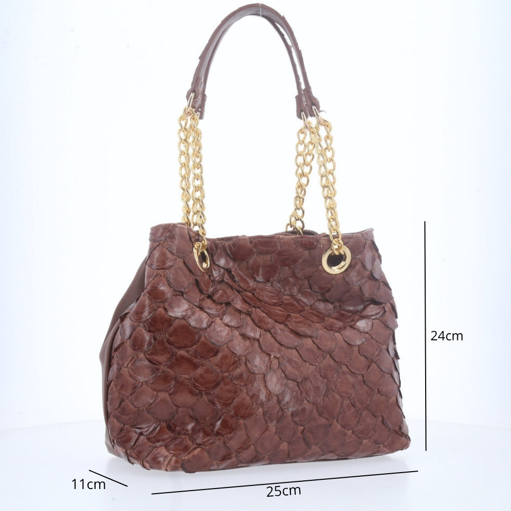 Bolsa de Couro Pirarucu com Alça Metal Dourada Marrom