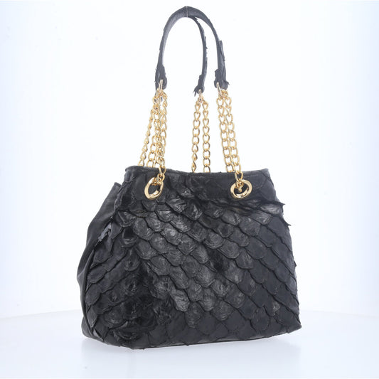 Bolsa de Couro Pirarucu com Alça Metal Dourada Preto