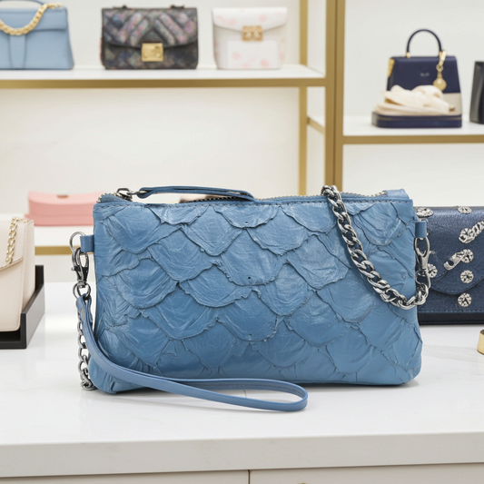Bolsa Pequena em Couro Legítimo de Pirarucu Azul