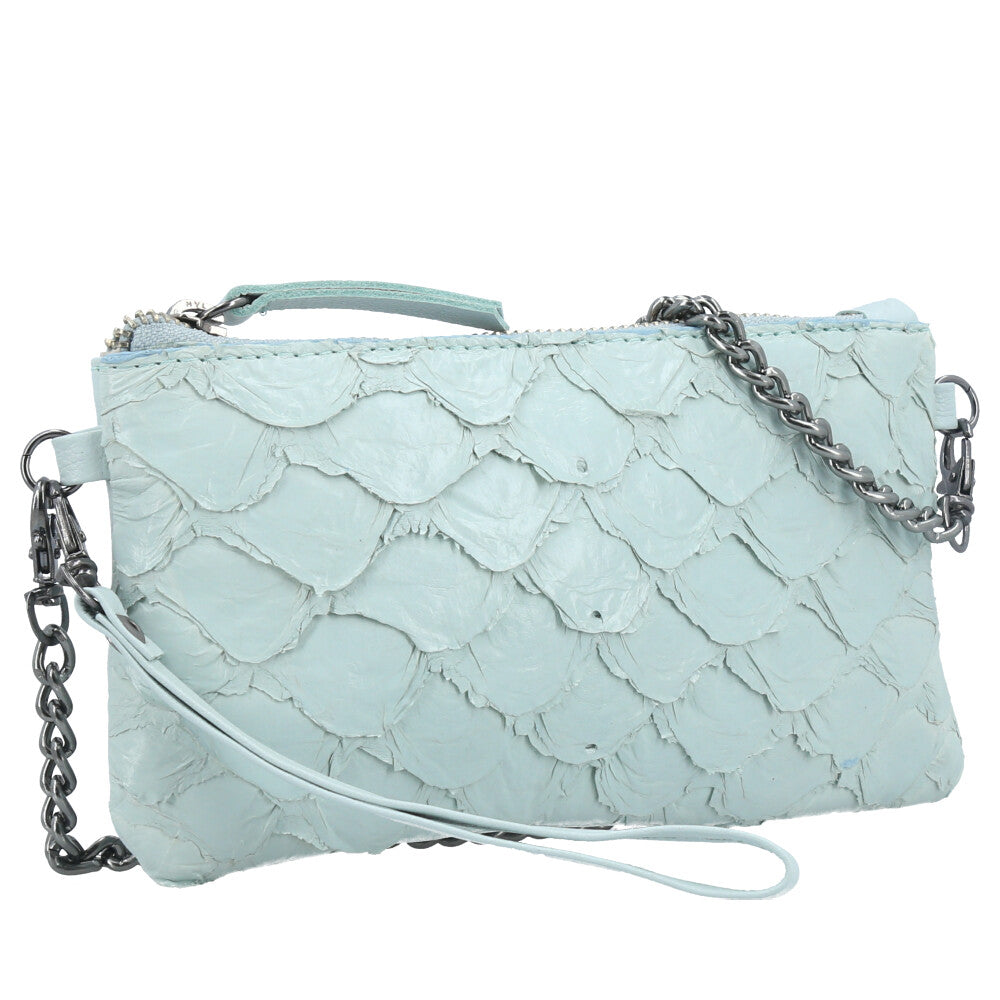 Bolsa Pequena em Couro Legítimo de Pirarucu Azul claro