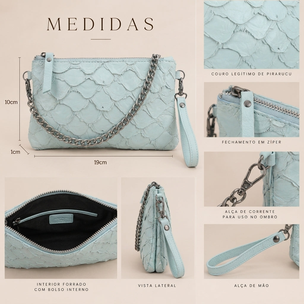 Bolsa Pequena em Couro Legítimo de Pirarucu Azul claro