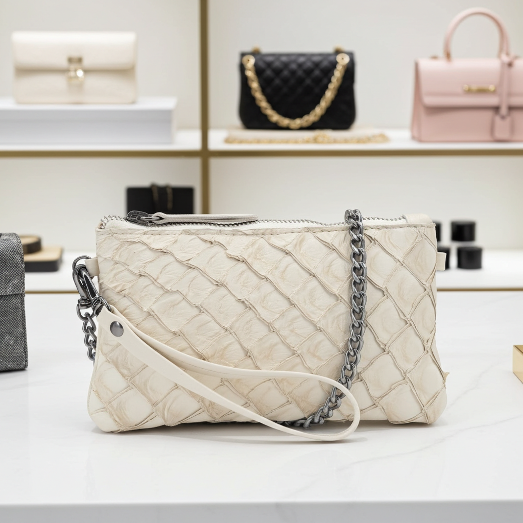 Bolsa Pequena em Couro Legítimo de Pirarucu Marfim
