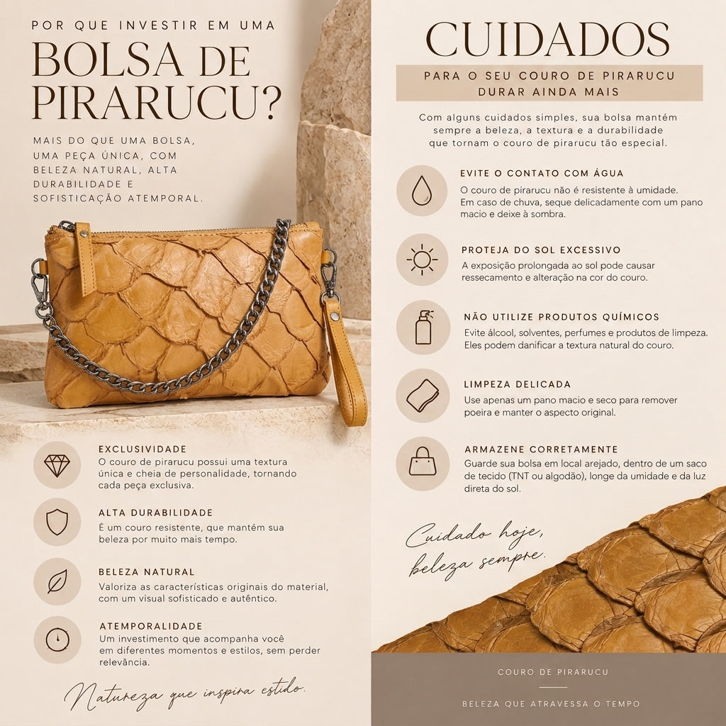 Bolsa Pequena em Couro Legítimo de Pirarucu Marrom claro
