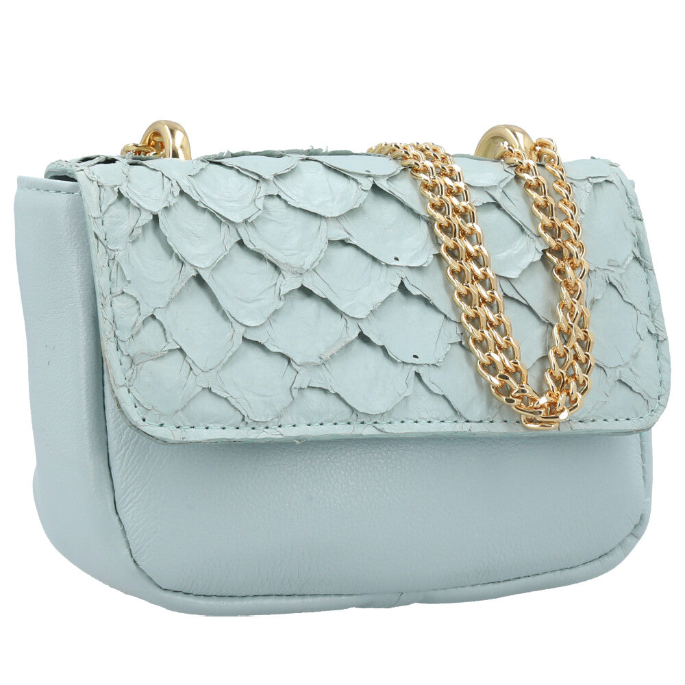 Bolsa Feminina em Couro Legítimo de Pirarucu Modelo Tiracolo Azul claro