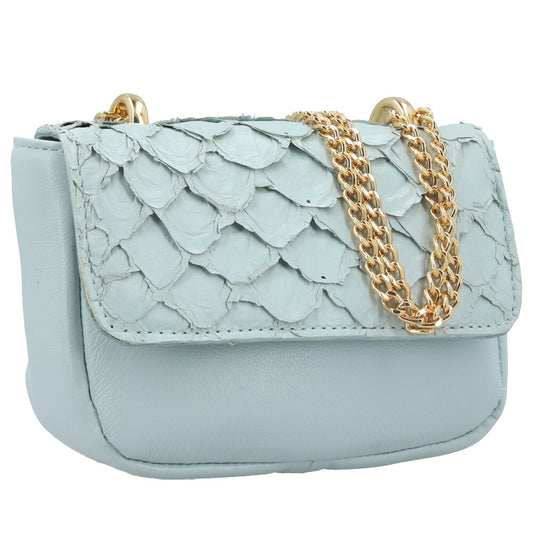 Bolsa Feminina em Couro Legítimo de Pirarucu Modelo Tiracolo Azul claro