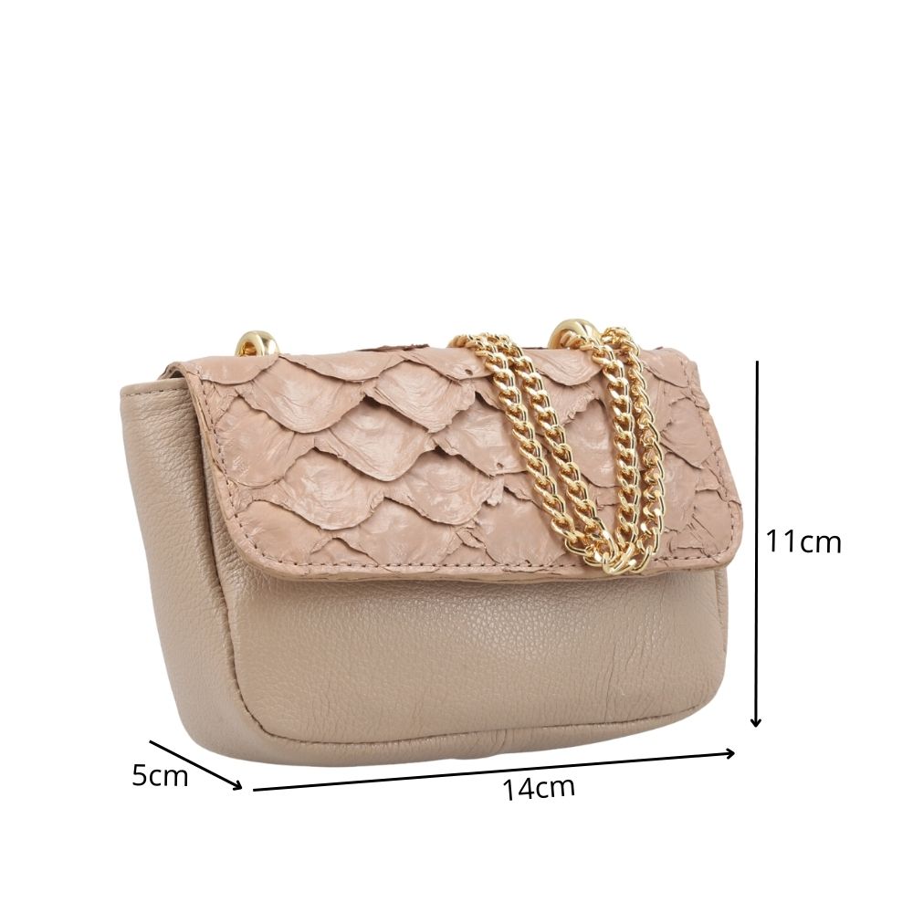 Bolsa Feminina em Couro Legítimo de Pirarucu Modelo Tiracolo Bege escuro