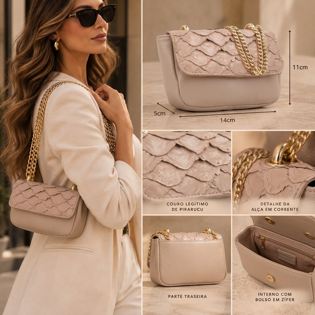 Bolsa Feminina em Couro Legítimo de Pirarucu Modelo Tiracolo Bege escuro