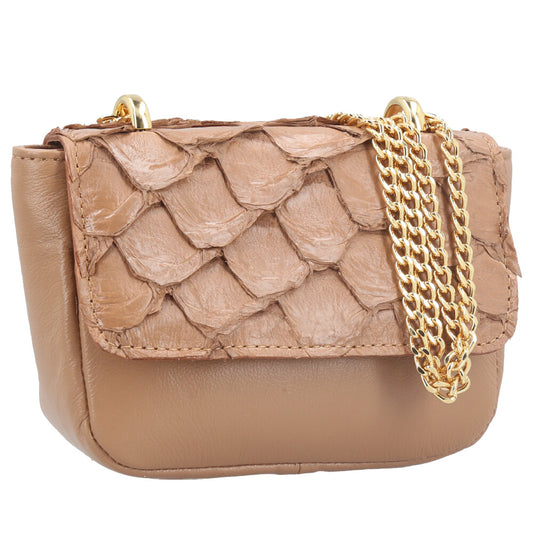 Bolsa Feminina em Couro Legítimo de Pirarucu Modelo Tiracolo Caramelo
