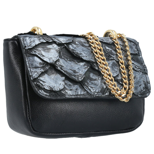 Bolsa Feminina em Couro Legítimo de Pirarucu Modelo Tiracolo Prata