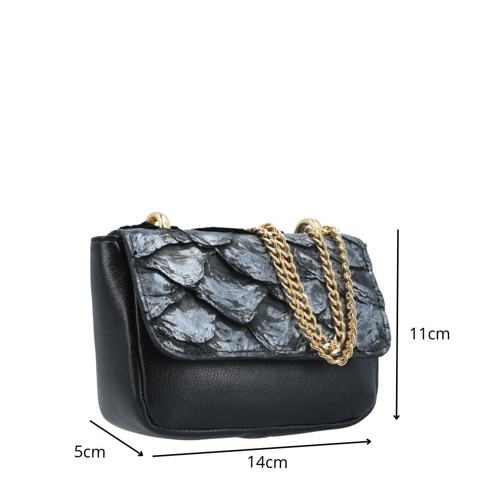 Bolsa Feminina em Couro Legítimo de Pirarucu Modelo Tiracolo Prata